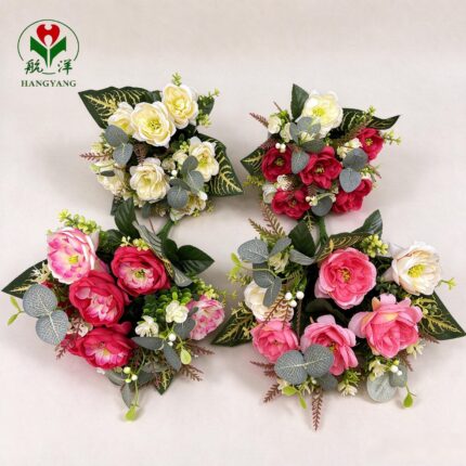 Hangyang Mixed Color Artificial Peony Bouquet with Leaves