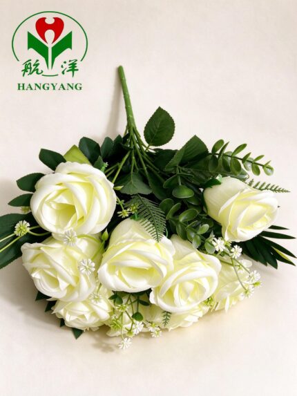 Hangyang Artificial Cream Rose Bouquet with Eucalyptus Greenery, Wedding Bridal Fake Flower Bouquet